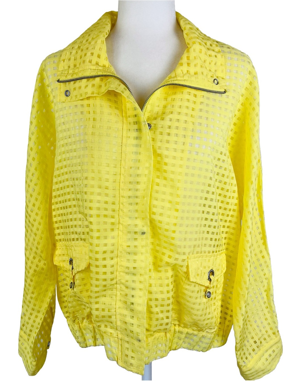 Erin London Yellow Textured Grid Semi Sheer Jacket Dual Closure Bomber Size XL